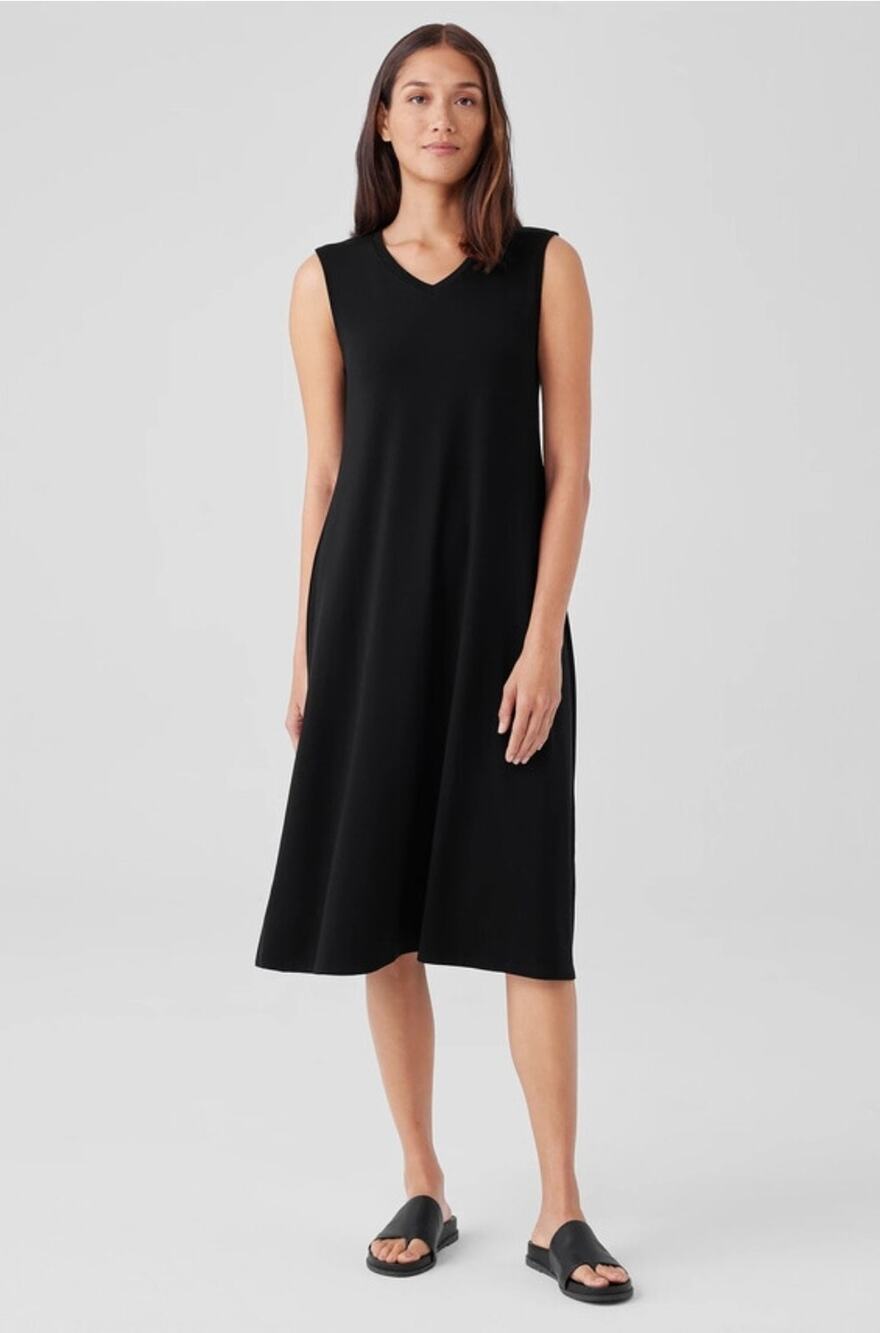Eileen Fisher Stretch Jersey Knit V Neck Tank Midi Dress Tencel Quiet Luxury L